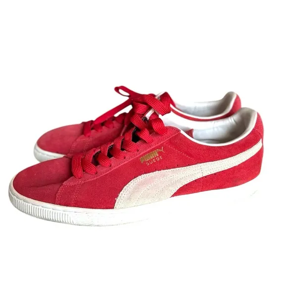 Puma Suede Red &amp; White Men’s Sneakers Size 11 | Gold details | Gently Used.