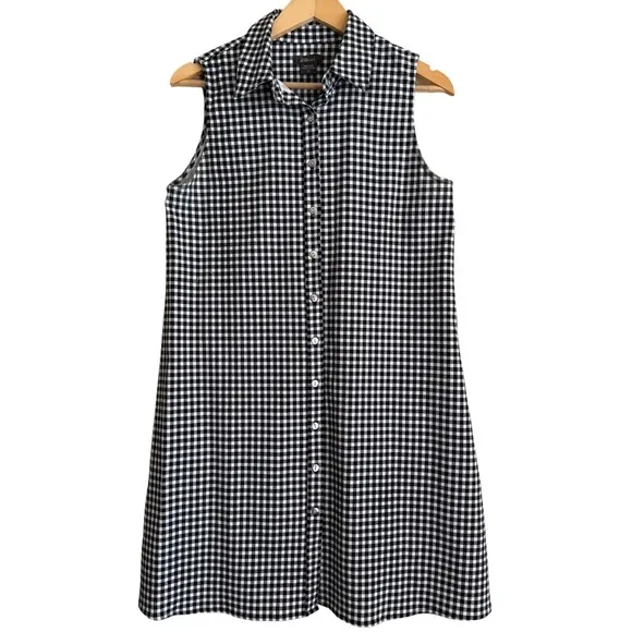 PURE AMICI Minimalist Stretchy Gingham Sleeveless Button Down Shirt Dress Size M