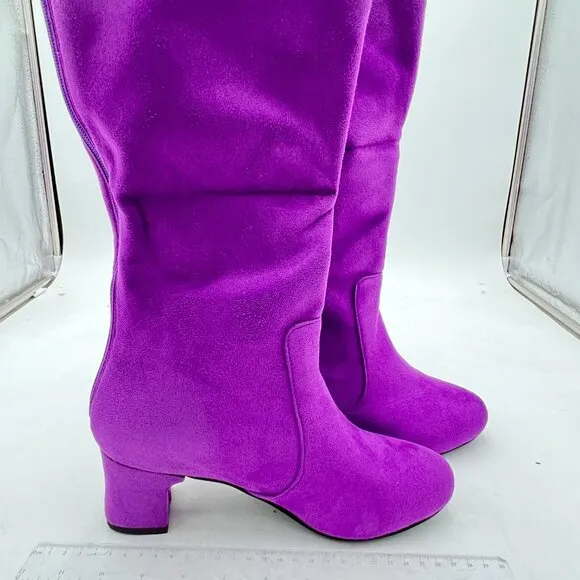 Purple Women Stylish Knee High Boots Faux Suede Thigh High Low Block Heel Boots