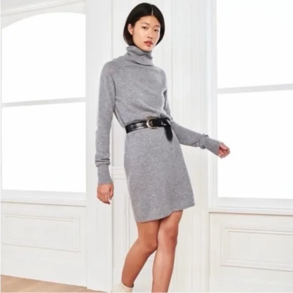 Quince Mongolian Cashmere Turtleneck Sweater Dress in Heather Grey Sz XS Luxury
