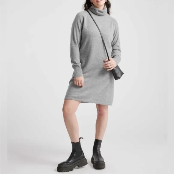 Quince Mongolian Cashmere Turtleneck Sweater Dress in Heather Grey Sz XS Luxury
