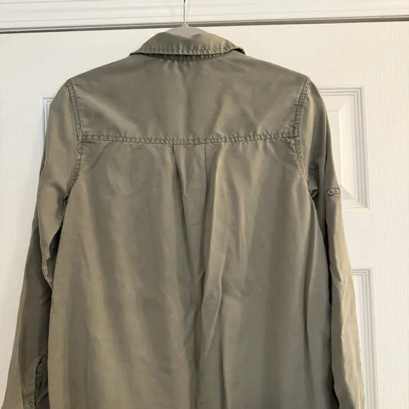 Quince Shirt Dress Women SMALL Olive Green Roll Tab Sleeve Minimalist Capsule