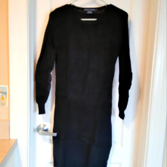 RALPH LAUREN BLACK QUITE LUXURY SWEATER DRESS PATCHED ELBOWS SMALL OFFICE CHIC