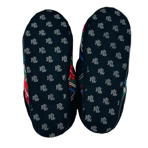 Ralph Lauren Plaid Logo Embroidered Faux Fur Slippers Womens Size Small 6