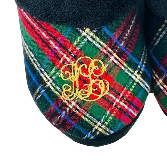 Ralph Lauren Plaid Logo Embroidered Faux Fur Slippers Womens Size Small 6