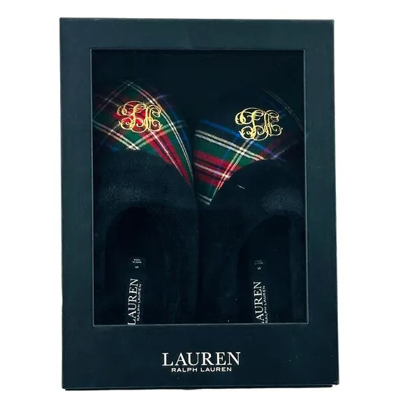 Ralph Lauren Plaid Logo Embroidered Faux Fur Slippers Womens Size Small 6