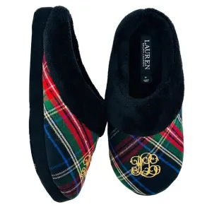 Ralph Lauren Plaid Logo Embroidered Faux Fur Slippers Womens Size Small 6