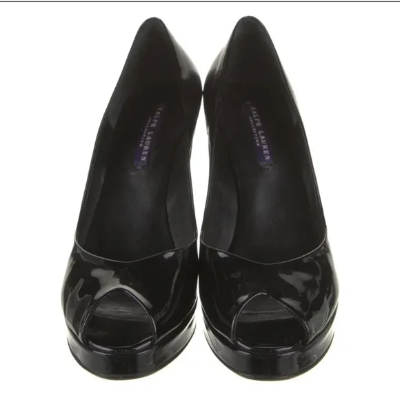 RALPH LAUREN purple label Leah peep toe patent leather shoes black high heels 8M