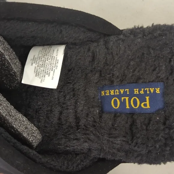 Ralph Lauren Sz10 Black Reade faux fur slippers slip on house / on the go logo
