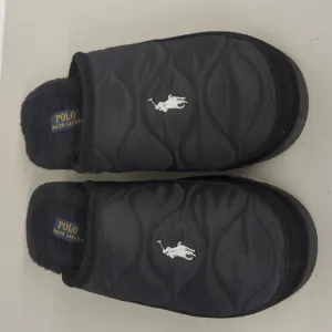 Ralph Lauren Sz10 Black Reade faux fur slippers slip on house / on the go logo