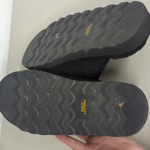 Ralph Lauren Sz10 Black Reade faux fur slippers slip on house / on the go logo