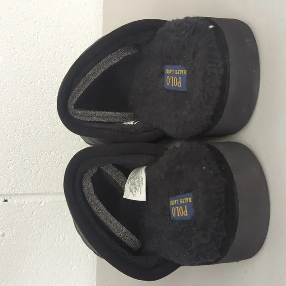 Ralph Lauren Sz10 Black Reade faux fur slippers slip on house / on the go logo