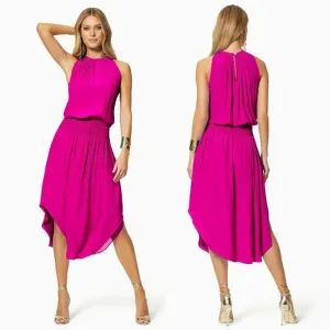 Ramy Brook Fuchsia Audrey Blouson Halter Midi Dress Women's L Minimalist Summer