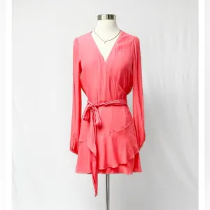 Ramy Brook Reed Long Sleeve Wrap Mini Dress in Petal Coral Pink size XS NWT
