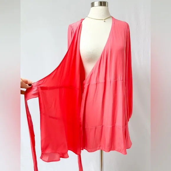 Ramy Brook Reed Long Sleeve Wrap Mini Dress in Petal Coral Pink size XS NWT