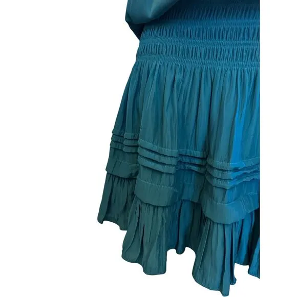 RAMY BROOK Vanessa Smocked Waist Dress L Jewel Blue Mini Short Luxury Statement