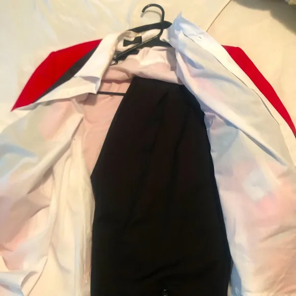 Red and black suit with collar shirt,black pants and dressy shoes