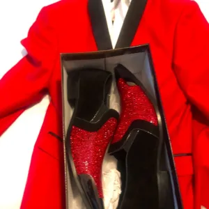 Red and black suit with collar shirt,black pants and dressy shoes