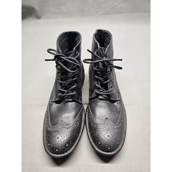 Red‎ Tape Cowboy Ankle High Leather Boots Black Wingtip Lace Up Size 8.5