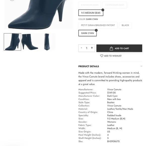 REDUCED NEW VINCE CAMUTO TEAL LEATHER ANKLE HEEL POINTY TOE BOOTS 37 US 6.5 M