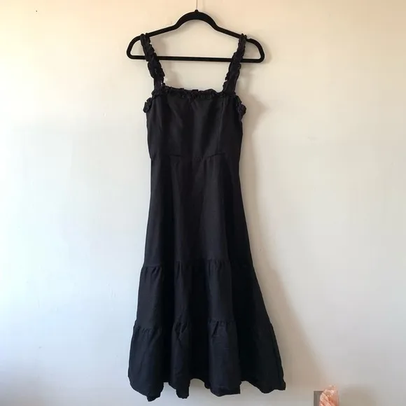Reformation Hyla 100% Linen Black Ruffled Tiered Midi Dress Minimalist Size 2