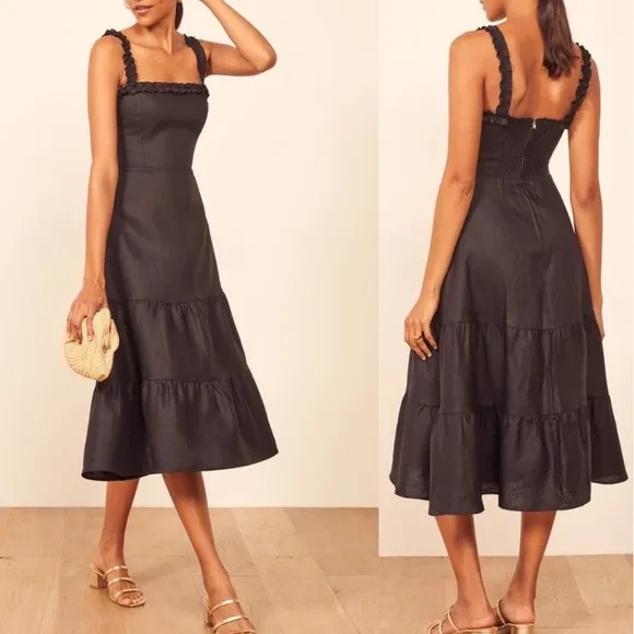 Reformation Hyla 100% Linen Black Ruffled Tiered Midi Dress Minimalist Size 2