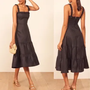 Reformation Hyla 100% Linen Black Ruffled Tiered Midi Dress Minimalist Size 2