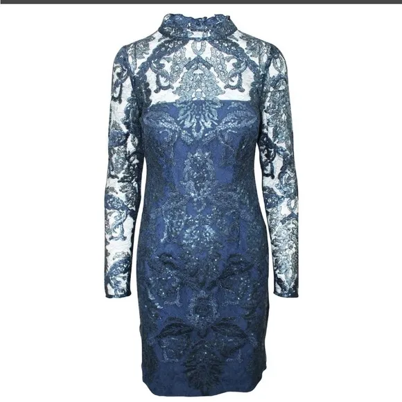 Reiss Asabi Lace Sheer Brocade Long Sleeve Floral Navy Mock Neck Dress EUC 8