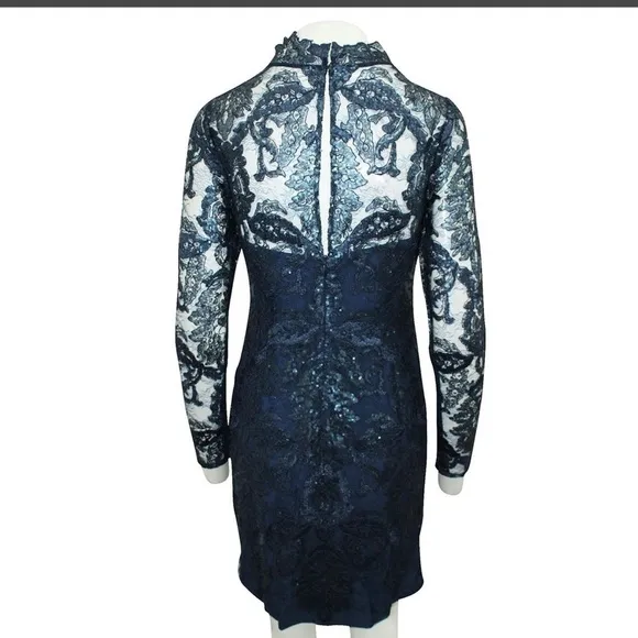 Reiss Asabi Lace Sheer Brocade Long Sleeve Floral Navy Mock Neck Dress EUC 8