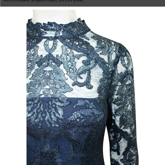 Reiss Asabi Lace Sheer Brocade Long Sleeve Floral Navy Mock Neck Dress EUC 8