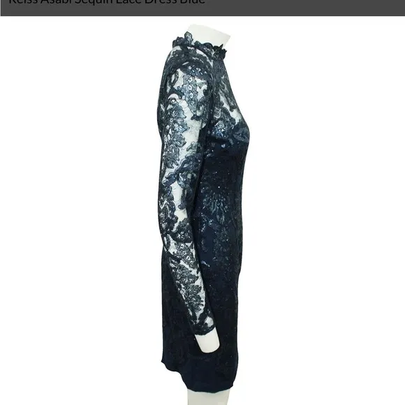 Reiss Asabi Lace Sheer Brocade Long Sleeve Floral Navy Mock Neck Dress EUC 8