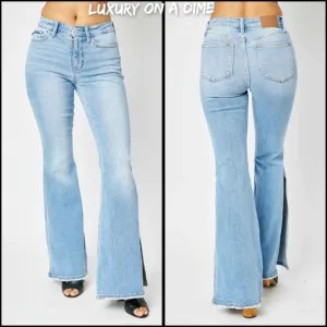 Retro Mid-rise Split Bell Bottom Flare Leg Raw Hem Skinny Judy Blue Jean Pants