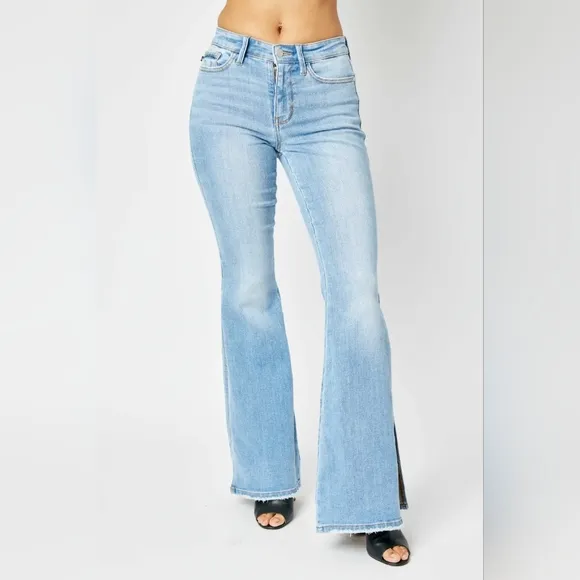 Retro Mid-rise Split Bell Bottom Flare Leg Raw Hem Skinny Judy Blue Jean Pants