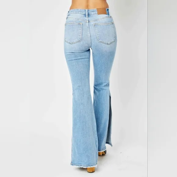 Retro Mid-rise Split Bell Bottom Flare Leg Raw Hem Skinny Judy Blue Jean Pants