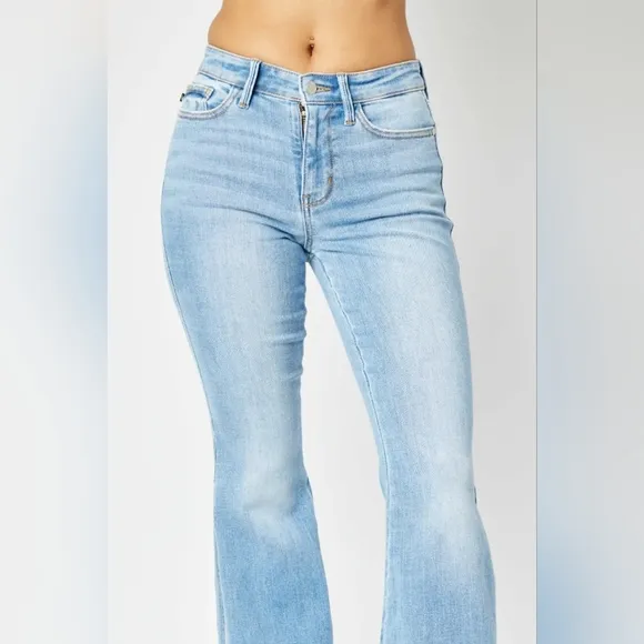 Retro Mid-rise Split Bell Bottom Flare Leg Raw Hem Skinny Judy Blue Jean Pants