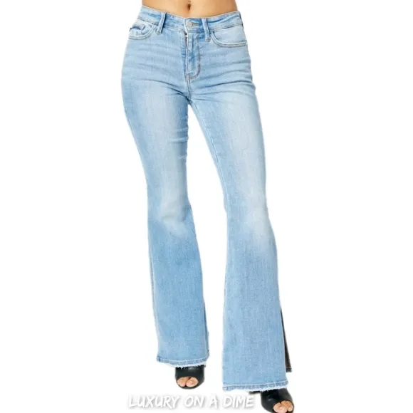 Retro Mid-rise Split Bell Bottom Flare Leg Raw Hem Skinny Judy Blue Jean Pants