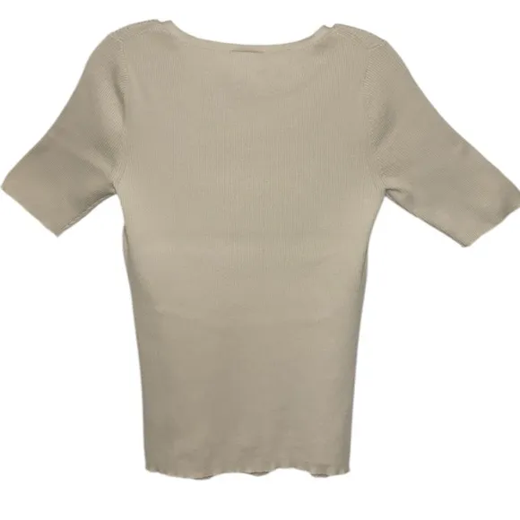 Ribbed Knit Top Short Sleeve All Season Essential Sweater Ivory Cream Size Large