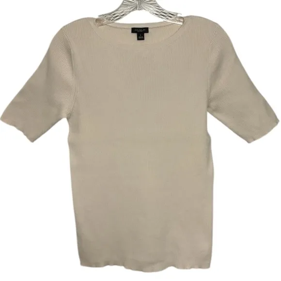 Ribbed Knit Top Short Sleeve All Season Essential Sweater Ivory Cream Size Large