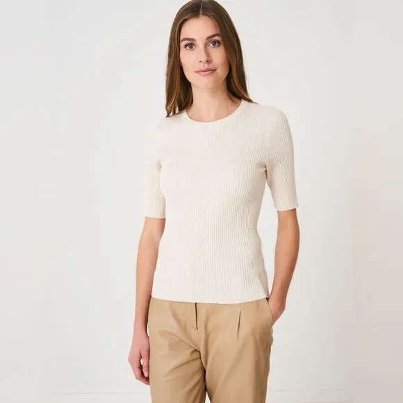 Ribbed Knit Top Short Sleeve All Season Essential Sweater Ivory Cream Size Large