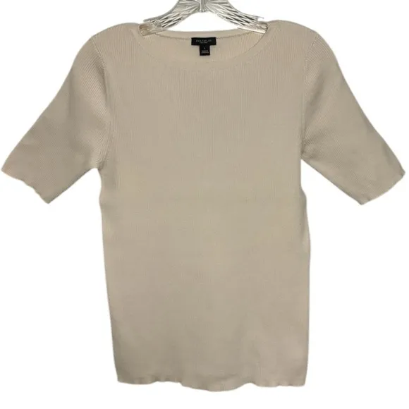 Ribbed Knit Top Short Sleeve All Season Essential Sweater Ivory Cream Size Large