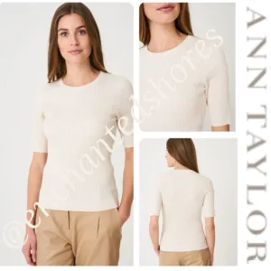 Ribbed Knit Top Short Sleeve All Season Essential Sweater Ivory Cream Size Large