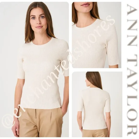 Ribbed Knit Top Short Sleeve All Season Essential Sweater Ivory Cream Size Large