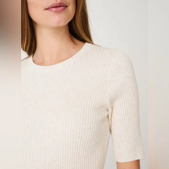 Ribbed Knit Top Short Sleeve All Season Essential Sweater Ivory Cream Size Large