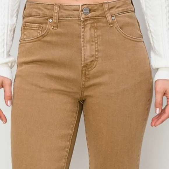 RISEN Bailey High-Rise Waist Jeans Split Slit Flare Frayed Hem Slim Denim Pants