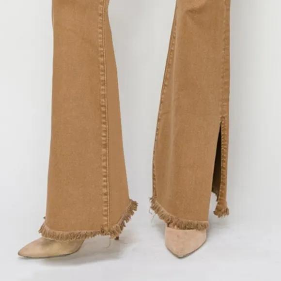 RISEN Bailey High-Rise Waist Jeans Split Slit Flare Frayed Hem Slim Denim Pants