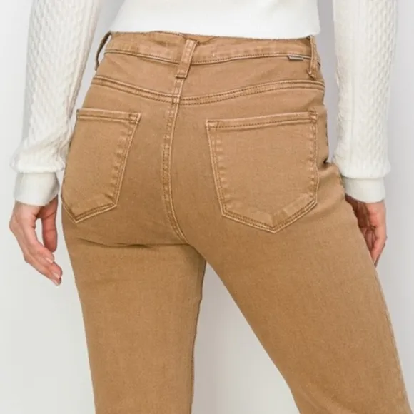 RISEN Bailey High-Rise Waist Jeans Split Slit Flare Frayed Hem Slim Denim Pants