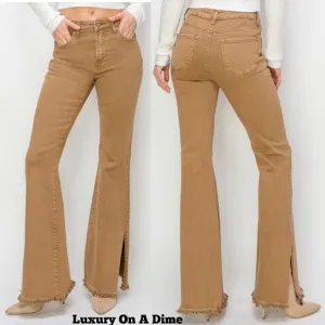 RISEN Bailey High-Rise Waist Jeans Split Slit Flare Frayed Hem Slim Denim Pants