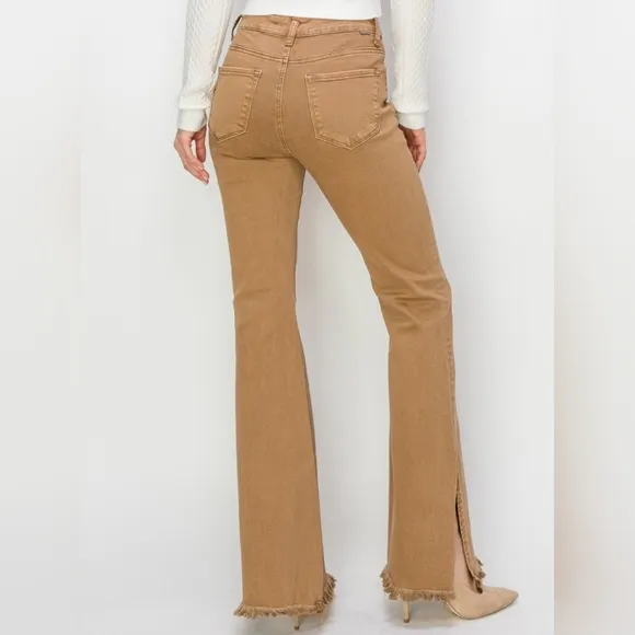 RISEN Bailey High-Rise Waist Jeans Split Slit Flare Frayed Hem Slim Denim Pants