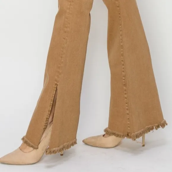 RISEN Bailey High-Rise Waist Jeans Split Slit Flare Frayed Hem Slim Denim Pants