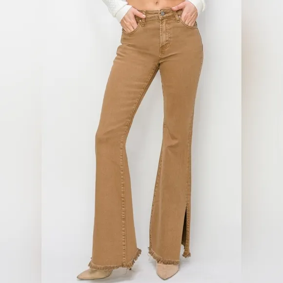 RISEN Bailey High-Rise Waist Jeans Split Slit Flare Frayed Hem Slim Denim Pants